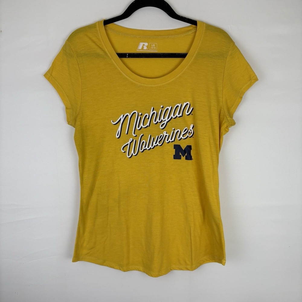 University Michigan Wolverines Women's V-neck Russell Shirt Size L Football U M